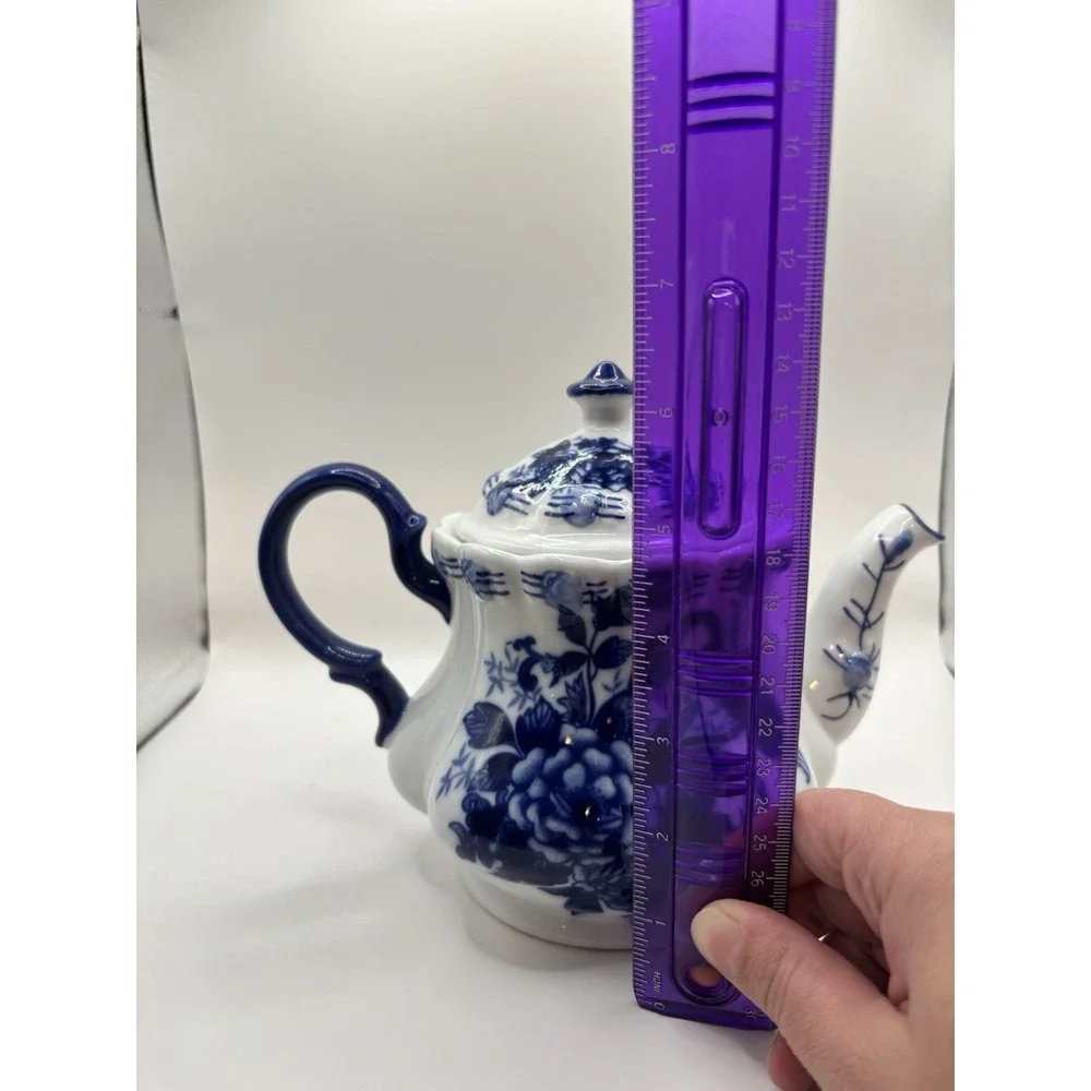 Tea Pot Scalloped Rim Flowered Porcelain, Cobalt Blue And White Cottage Granny